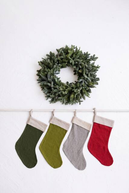 Red Linen Stocking, Green Christmas Family Farmhouse Stocking - image 1