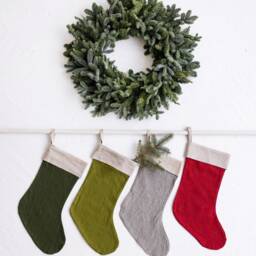 Red Linen Stocking, Green Christmas Family Farmhouse Stocking - thumbnail 3