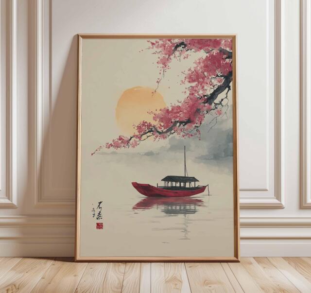 Japanese Boat & Cherry Blossom Poster, Oriental Nature Print, Asian Landscape Wall Art - image 1