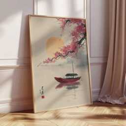 Japanese Boat & Cherry Blossom Poster, Oriental Nature Print, Asian Landscape Wall Art - thumbnail 2