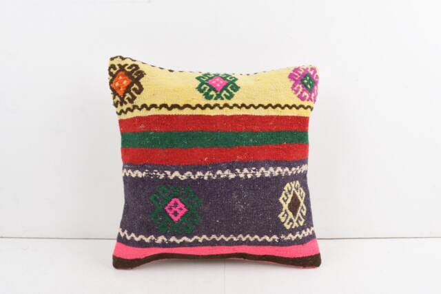 Vintage Turkish Kilim Pillow Cover Handwoven Wool Cushion - 16x16 - image 1
