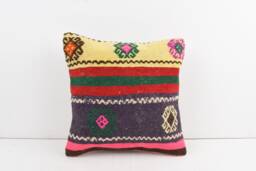Vintage Turkish Kilim Pillow Cover Handwoven Wool Cushion - 16x16 - thumbnail 1