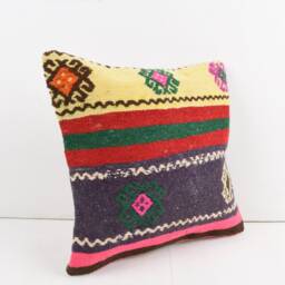 Vintage Turkish Kilim Pillow Cover Handwoven Wool Cushion - 16x16 - thumbnail 2