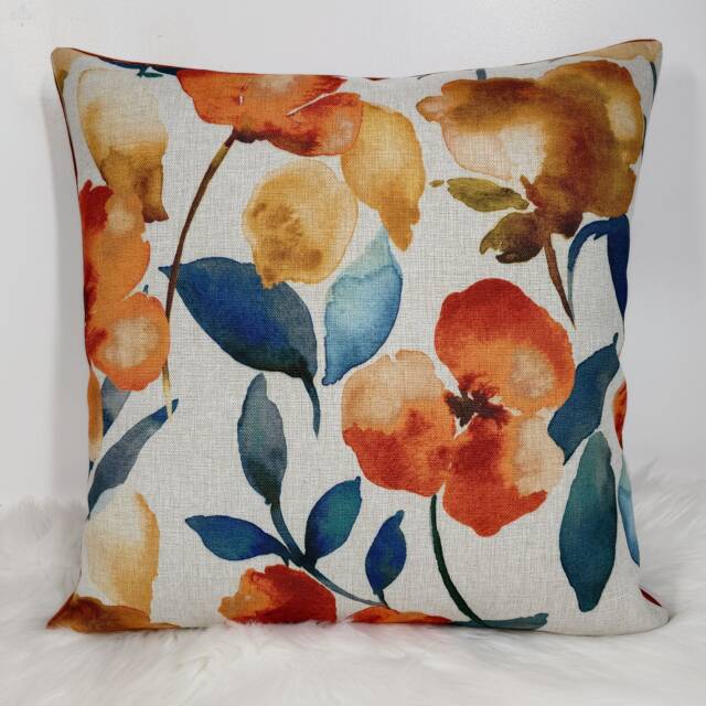 Prunella Cushion Cover Petal Teal Floral Cotton Teal & Orange Soft Beige Grey Background Backed in Rust Orange Velvet - image 1