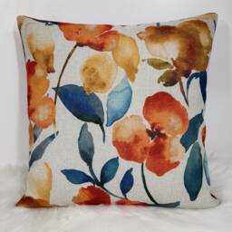 Prunella Cushion Cover Petal Teal Floral Cotton Teal & Orange Soft Beige Grey Background Backed in Rust Orange Velvet - thumbnail 1