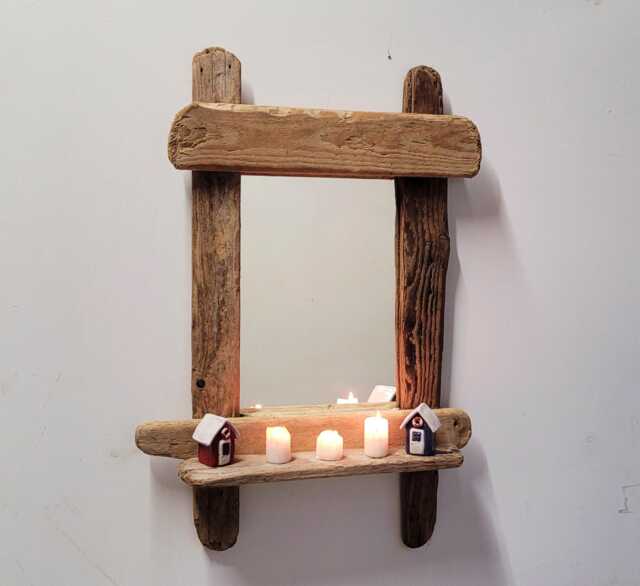 Chunky Character Dorset Driftwood Wall Hanging Mirror With Shelf 80 cm Long Hand Made - image 1