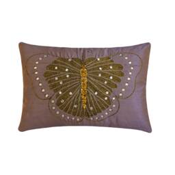 Decorative Oblong/Lumbar Rectangle Throw Pillow Covers Accent Couch Toss 12x16 Purple Silk Case Bead - Embroidered Butterfly - thumbnail 1