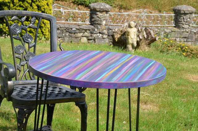 Candy Stripe Bistro Table Outdoor Coastal Furniture Supplied With Black Metal Hair Pin Legs Marine Varnish Finish/Us Customers Tariff Paid - image 1