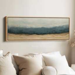 Coastal Layered Shoreline Horizontal Wall Art Above Bed Framed Canvas Print in Teal Blue & Sandy Beige For Living Room Bedroom