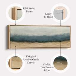 Coastal Layered Shoreline Horizontal Wall Art Above Bed Framed Canvas Print in Teal Blue & Sandy Beige For Living Room Bedroom - thumbnail 2