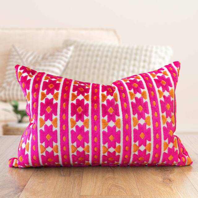 Kasmere Geometric Cut Velvet Xl Rectangular Cushion. Bright Pink & Burnt Orange Triangular Pattern. 23X15 - image 1