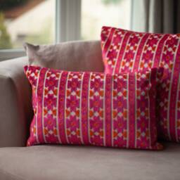 Kasmere Geometric Cut Velvet Xl Rectangular Cushion. Bright Pink & Burnt Orange Triangular Pattern. 23X15 - thumbnail 3