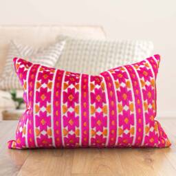 Kasmere Geometric Cut Velvet Xl Rectangular Cushion. Bright Pink & Burnt Orange Triangular Pattern. 23X15