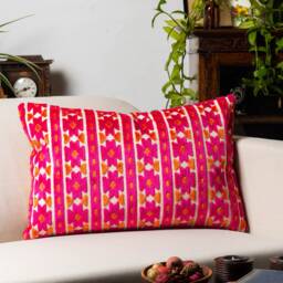 Kasmere Geometric Cut Velvet Xl Rectangular Cushion. Bright Pink & Burnt Orange Triangular Pattern. 23X15 - thumbnail 4