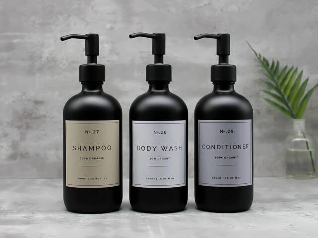 Matte Black Glass Soap Dispenser Bottle Refillable With Neutral Coloured Waterproof Label - image 1