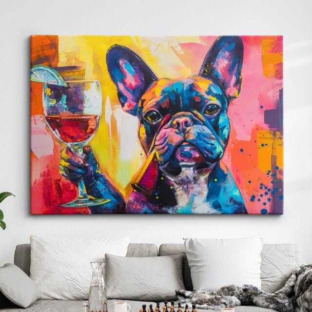 French Bulldog Toasting Drink Dog Pet Art Abstract Oil Painting Framed Poster Print & Canvas Wall Living Home Decor Interior Gift - image 1