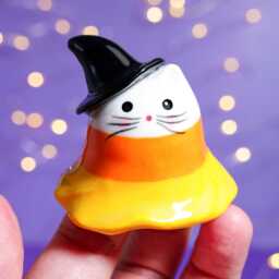 Handmade Ceramic Halloween Cat Figurine Candy Corn Ghost With Witch Hat