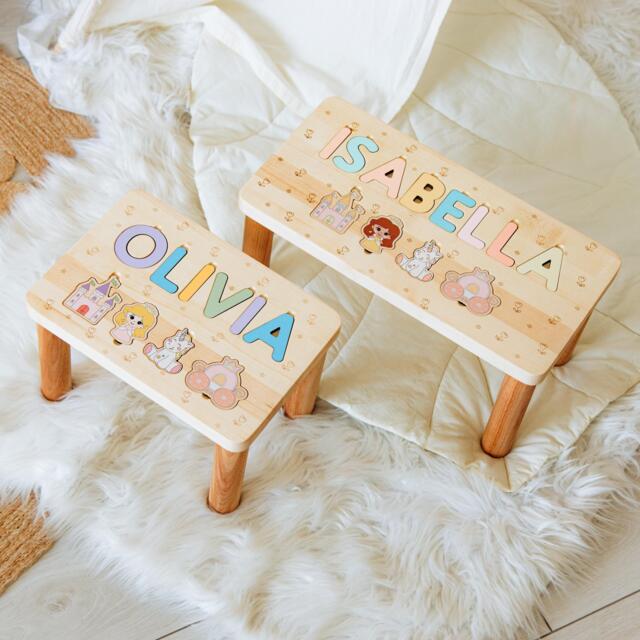 Custom Name Puzzle Stool Step First Birthday Gift Baby Keepsake Handcrafted Educational Unique Toddler Toy Natural Wood - image 1