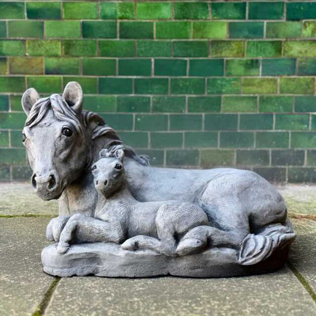 Family Horse Sculpture Stone Figurine Concrete Lying Outdoor Animal Mythical Cement Farm Ornament - image 1