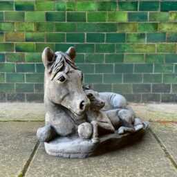 Family Horse Sculpture Stone Figurine Concrete Lying Outdoor Animal Mythical Cement Farm Ornament - thumbnail 2