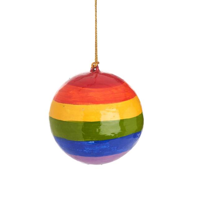 Rainbow Striped Papier-M??ch?? Christmas Tree Bauble - Decoration Festive Ornament Happy Bright Colourful Multi-Coloured Pride Gift - image 1