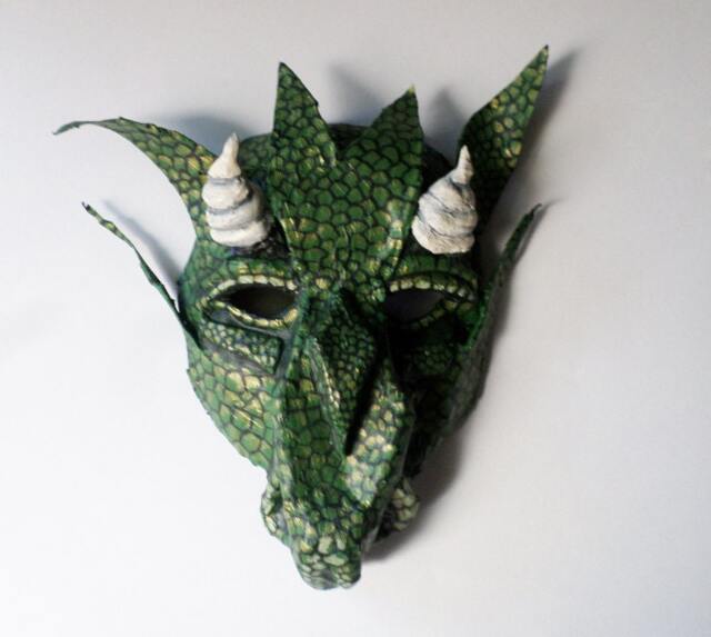 Dragon Mask, Fantasy Creature, Wearable, Horned Lizard Green & Gold - image 1