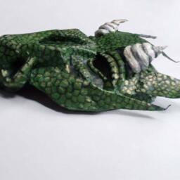 Dragon Mask, Fantasy Creature, Wearable, Horned Lizard Green & Gold - thumbnail 2