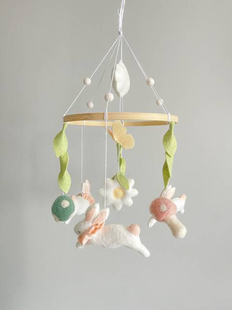 Handmade Bunny Felt Mobile, Baby Girl Nursery Decor - image 1