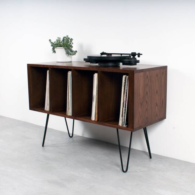 "Vinyl Storage Record Player Stand, Solid Dark Stained Ash On Mid Century Hairpin Legs. ""Condor Small" - image 1