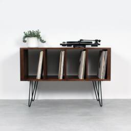 "Vinyl Storage Record Player Stand, Solid Dark Stained Ash On Mid Century Hairpin Legs. ""Condor Small" - thumbnail 3