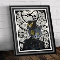steampunk Art Print, Cat Book Page Wall Decor, Poster Hipster Animal, Dandy Cat, Kitten Illustration - thumbnail 3