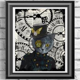 steampunk Art Print, Cat Book Page Wall Decor, Poster Hipster Animal, Dandy Cat, Kitten Illustration - thumbnail 1