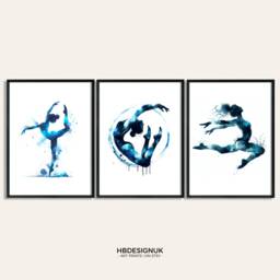 Blue Gymnastics Print Set - 3 Gymnast Posters - Watercolour Art Painting Girls Room Decor Gymnastic Hanging Gifts Bedroom Wall - thumbnail 1