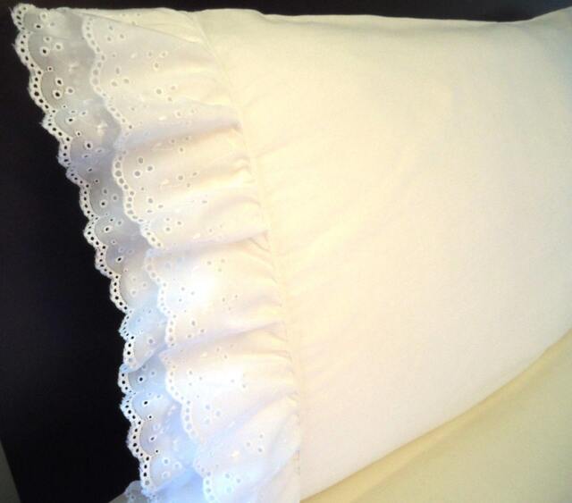 King Pillowcases - Pair White Cotton Sateen With Double Ruffle Eyelet Lace - image 1
