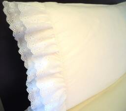 King Pillowcases - Pair White Cotton Sateen With Double Ruffle Eyelet Lace - thumbnail 1