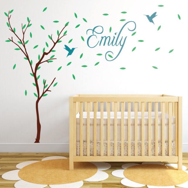Wall Sticker Vinyl Decal Nursery Tree With Personalised Name & Birds Childrens Stickers Kids - image 1
