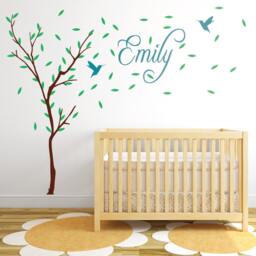 Wall Sticker Vinyl Decal Nursery Tree With Personalised Name & Birds Childrens Stickers Kids - thumbnail 1