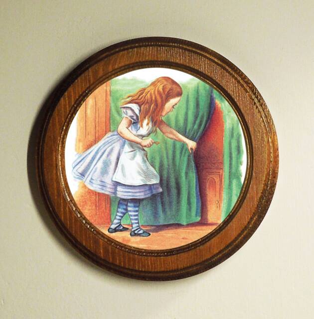Handmade Alice in Wonderland Round Framed Picture, Art Print Illustration, Light Oak Nursery Picture, Wall Hanging, Tiny Door - image 1