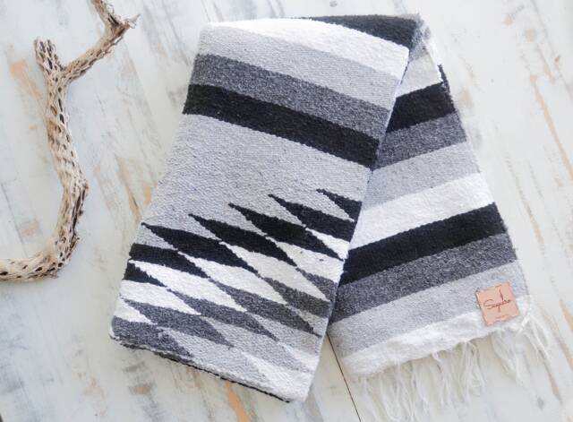 Grey Black White Pattern Handmade Mexican Blanket Throw Beach Camping Yoga Serape Saltillo Southwest Decor - image 1