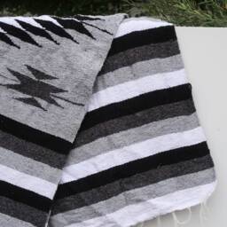 Grey Black White Pattern Handmade Mexican Blanket Throw Beach Camping Yoga Serape Saltillo Southwest Decor - thumbnail 2