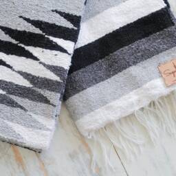 Grey Black White Pattern Handmade Mexican Blanket Throw Beach Camping Yoga Serape Saltillo Southwest Decor - thumbnail 3