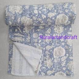 "Hand Block Print Kantha Quilt Vintage Indian Cotton Bedspread - 108""x108" - thumbnail 2