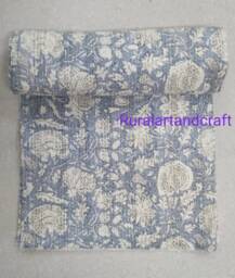 "Hand Block Print Kantha Quilt Vintage Indian Cotton Bedspread - 108""x108" - thumbnail 1
