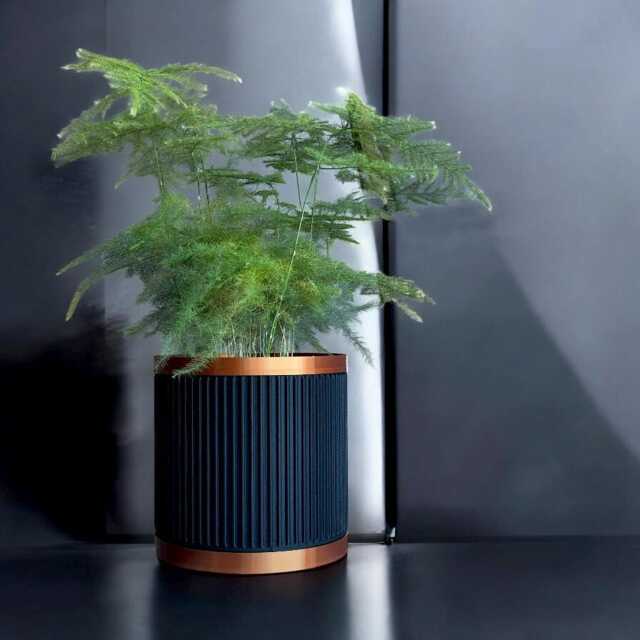 Ribbed Black Plant Pot With Copper Drip Tray Modern Indoor Planter - image 1