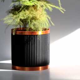 Ribbed Black Plant Pot With Copper Drip Tray Modern Indoor Planter - thumbnail 2