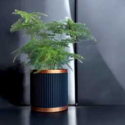 Ribbed Black Plant Pot With Copper Drip Tray Modern Indoor Planter - thumbnail 1