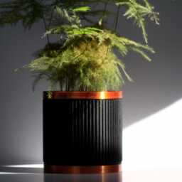 Ribbed Black Plant Pot With Copper Drip Tray Modern Indoor Planter - thumbnail 3
