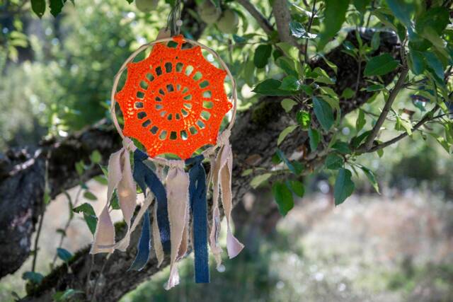 Crochet Dreamcatcher in Orange Colour, Linen & Burlap Ribbons, Framed Dreamcatcher, Wall Decoration, Boho Decor - image 1