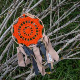 Crochet Dreamcatcher in Orange Colour, Linen & Burlap Ribbons, Framed Dreamcatcher, Wall Decoration, Boho Decor - thumbnail 3