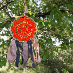 Crochet Dreamcatcher in Orange Colour, Linen & Burlap Ribbons, Framed Dreamcatcher, Wall Decoration, Boho Decor - thumbnail 2